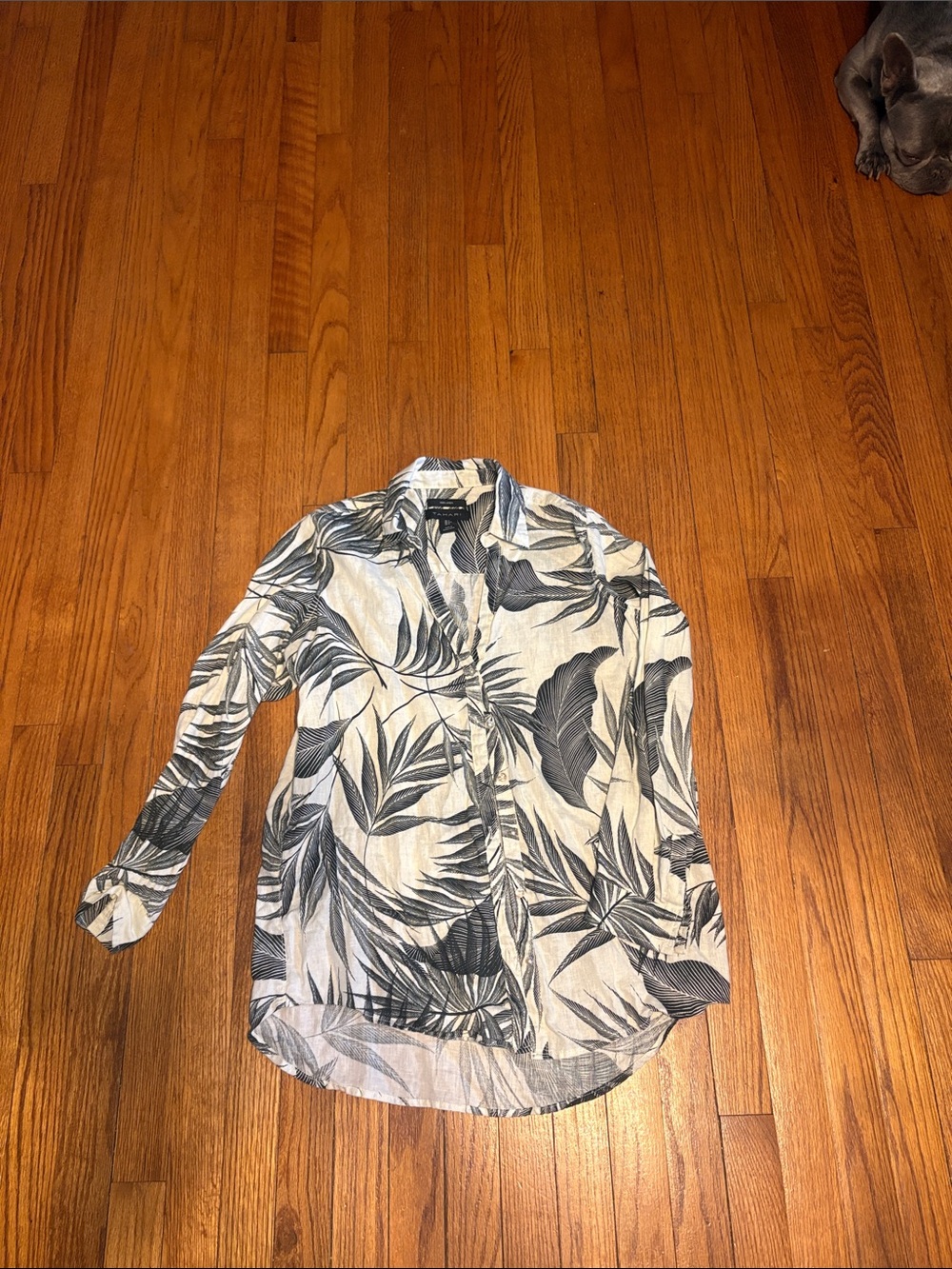 Tahari White Button-Down Shirt with Black Tropical Leaf Print